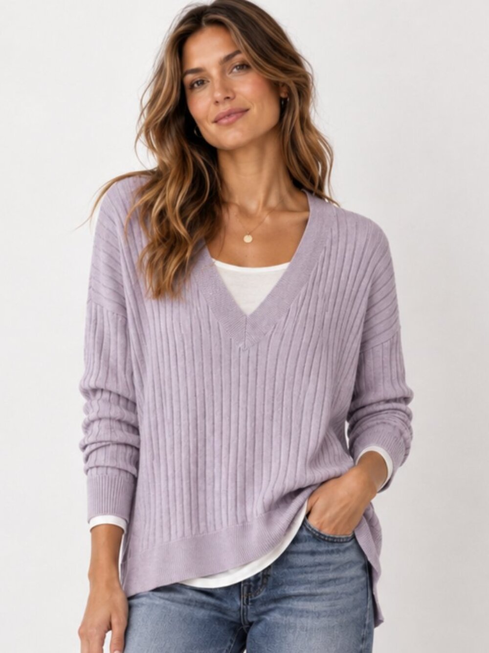 TREASURE & BOND Nordstrom Lavender Ribbed Oversized V-Neck Sweater Size S EUC